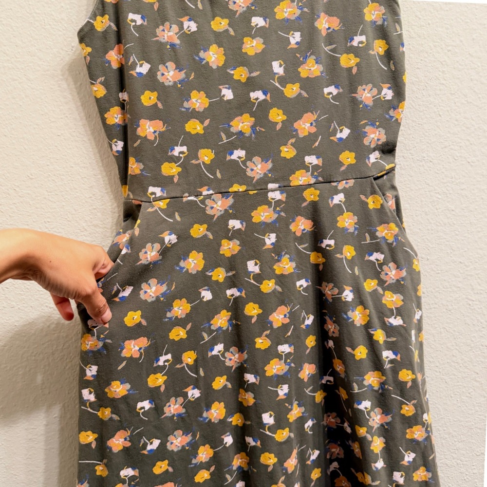 Pact Organic Cotton Fit and Flare Dress Olive Green Floral Tie Back Small - Picture 5 of 11